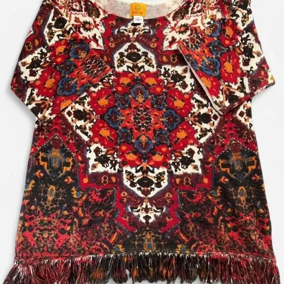 Burgundy and Red Tapestry Short Sleeve Knit Top with Bottom Hem Fringe - Picture 5 of 8